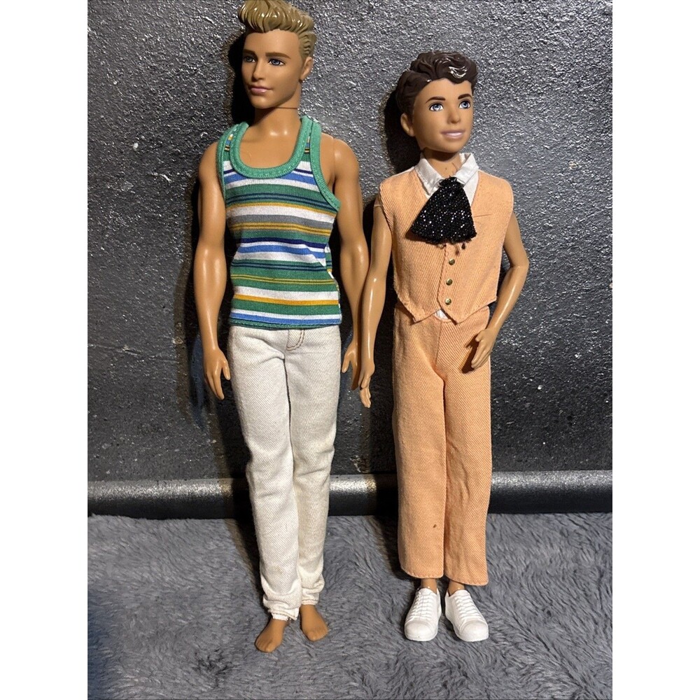 Lot 2 Barbie Fashionistas Ken Barbie Dolls Molded Hair Peach Tuxedo Blonde Brown